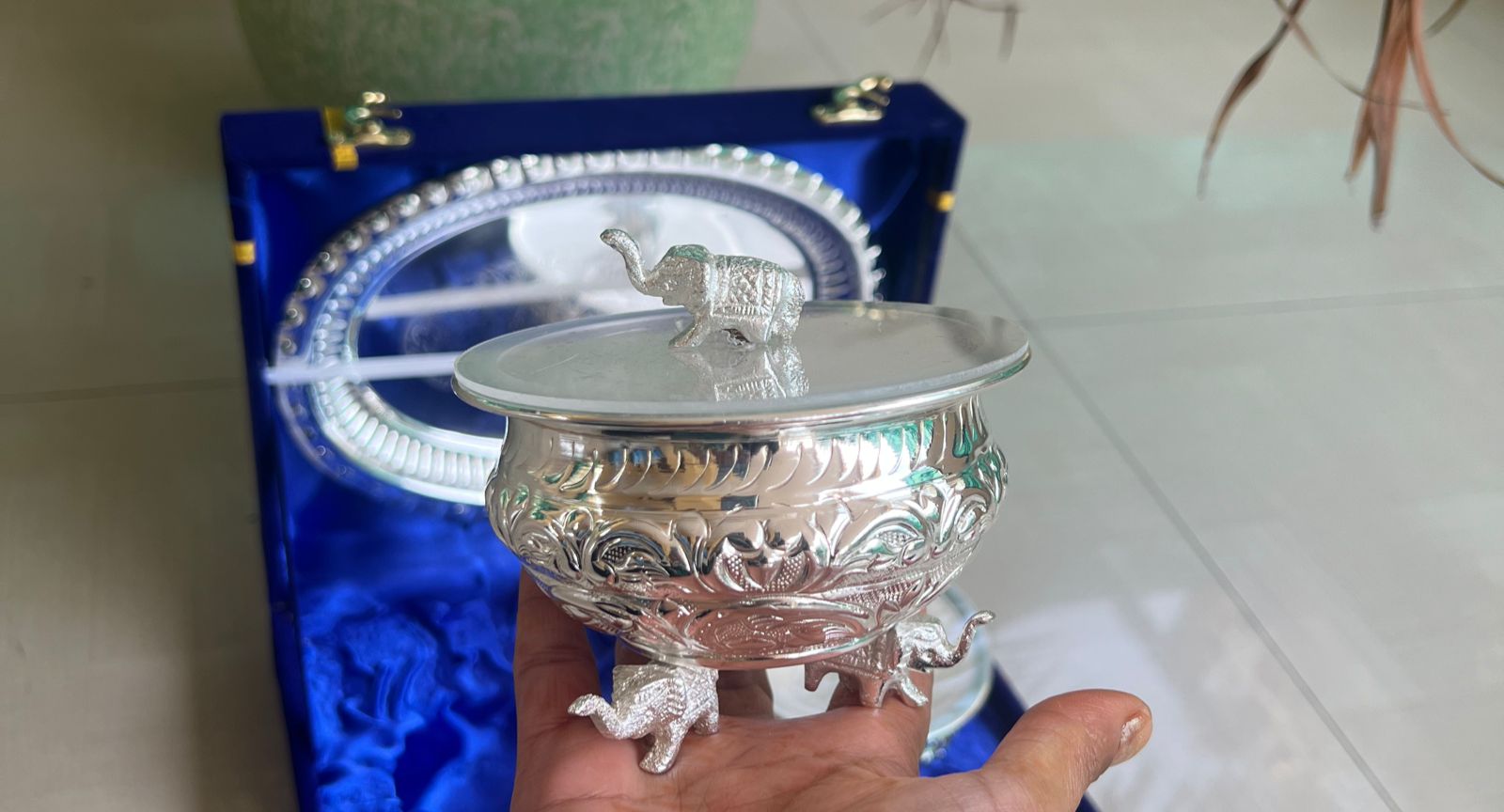 german silver Elephant legs with elephant lid bowl 2 pcs set with tray in gift box for diwali gifting
